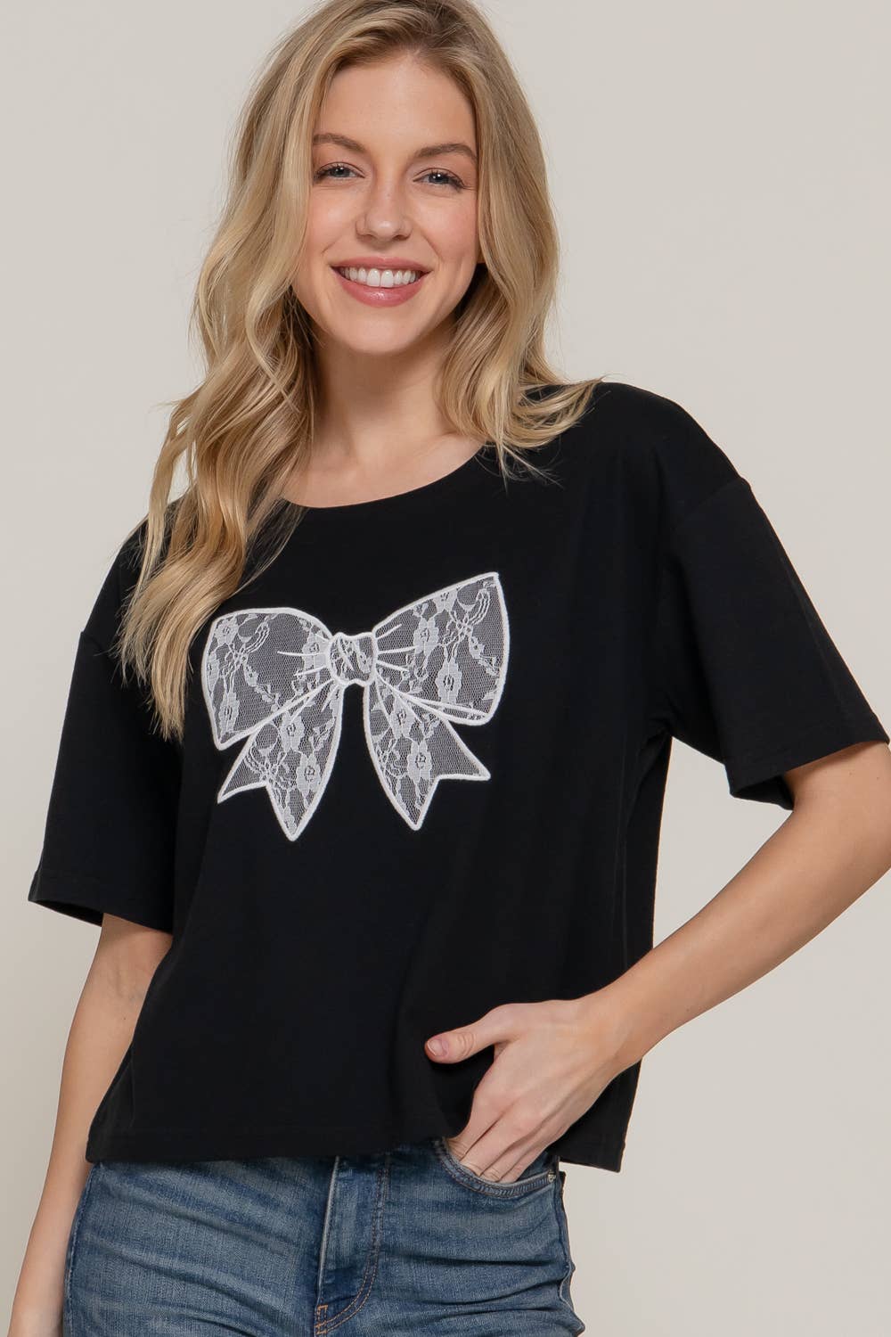 Bow Lace Patch Oversize Cotton Jersey Top